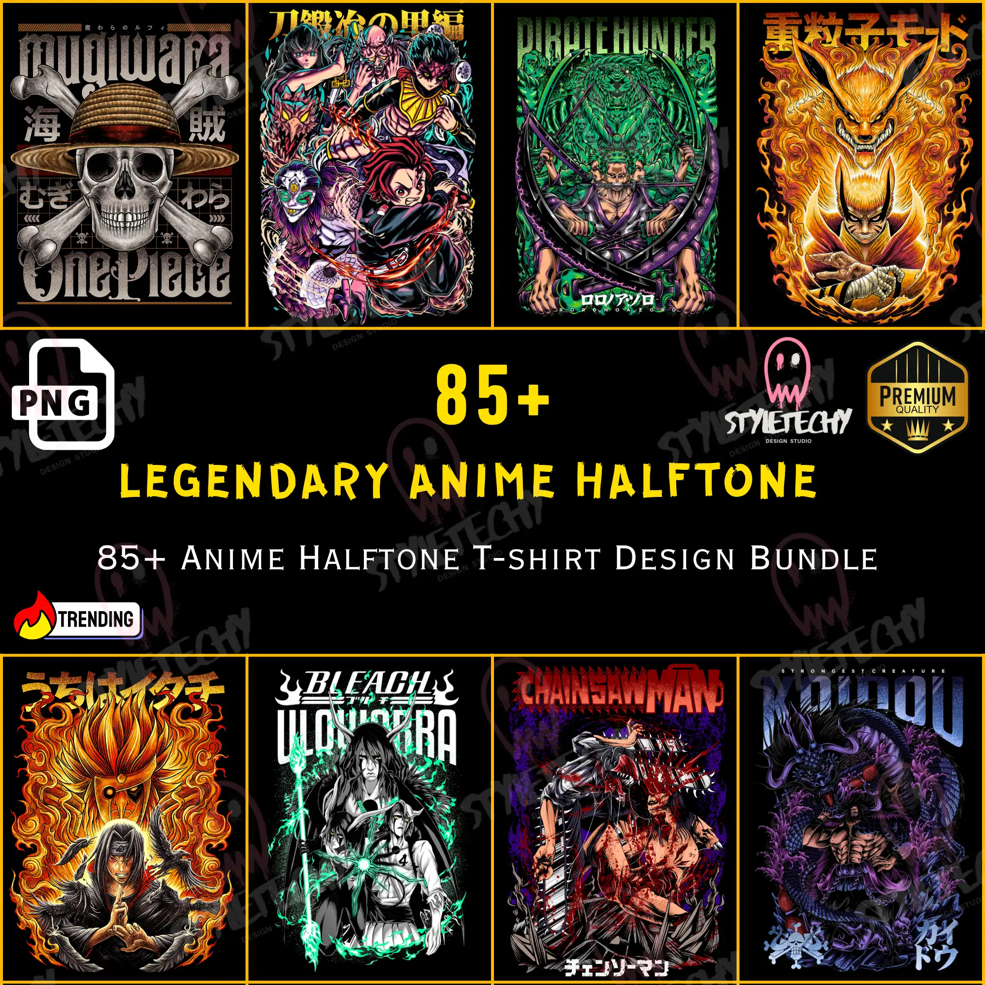 85+ Legendary Anime Halftone T-Shirt Design Bundle (PNG)